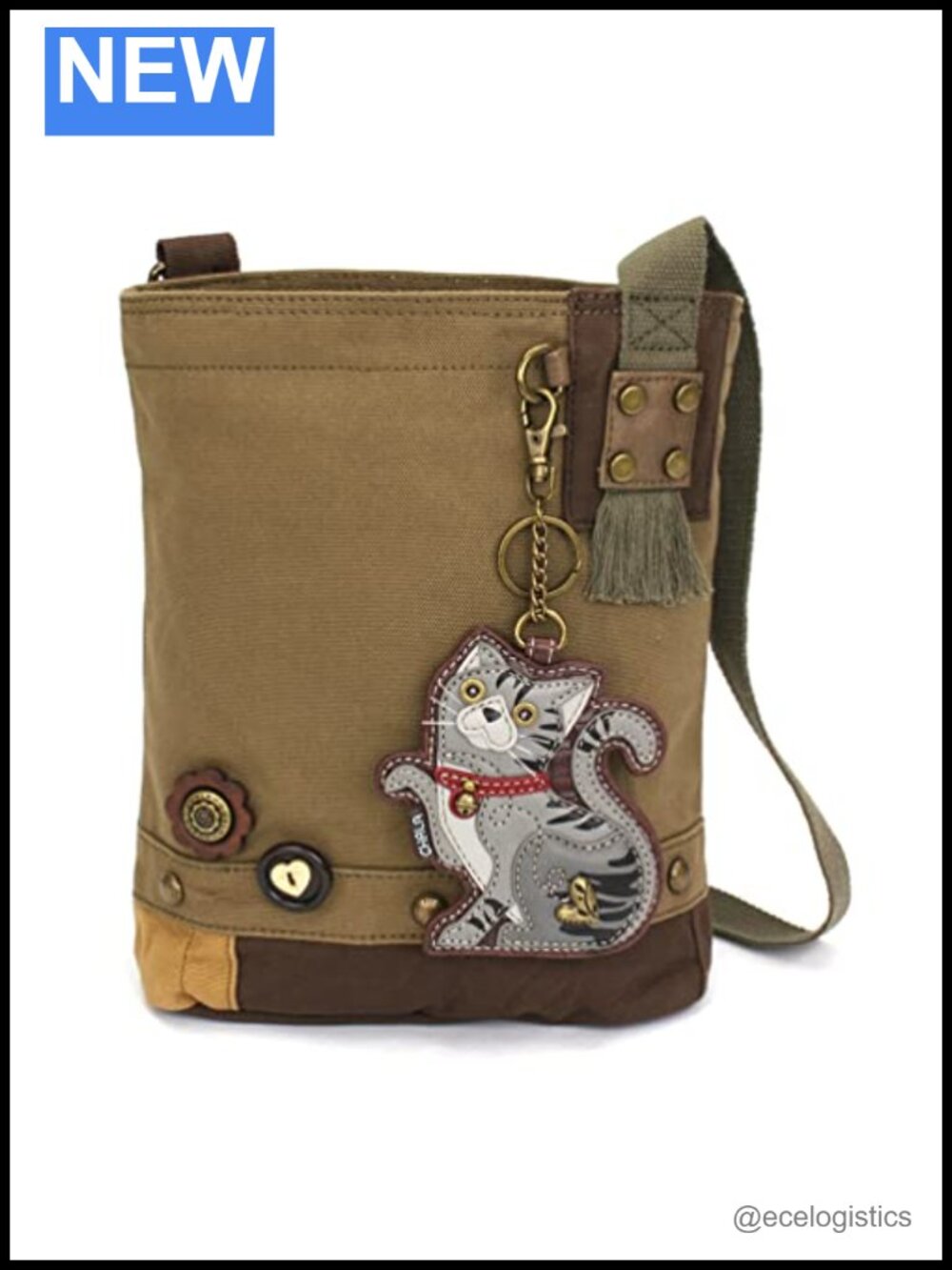Crossbody Bag with Attached Key Fob, Cotton Canvas, Zipper Top, Adjustable Strap